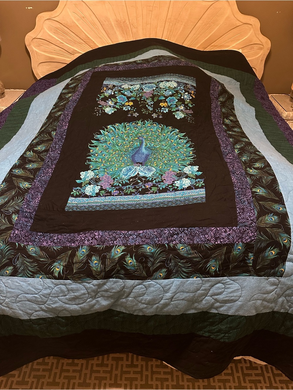 Peacock Print Quilted Throw in Teal & Black